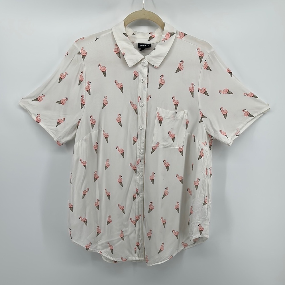 Torrid White and Pink flamingo Ice Cream Cone Button Down Shirt Size 0